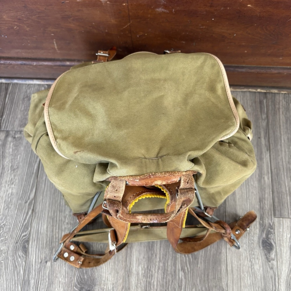 Vintage Rare Army Military Metal Framed Canvas Leather Backpack Ruck Sack - Picture 5 of 16